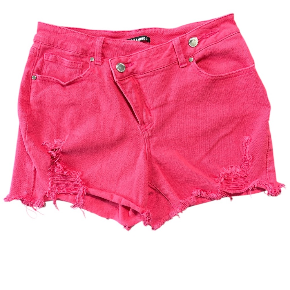 Flamingo Bright Pink Distressed Women’s Pocketed Shorts Size L